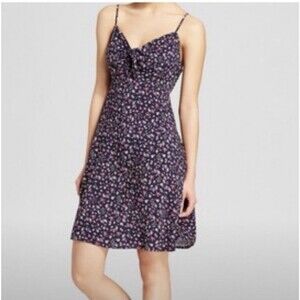 Mossimo Navy Blue Floral Mini Dress Knot Front Tie Size Small Smocked Back